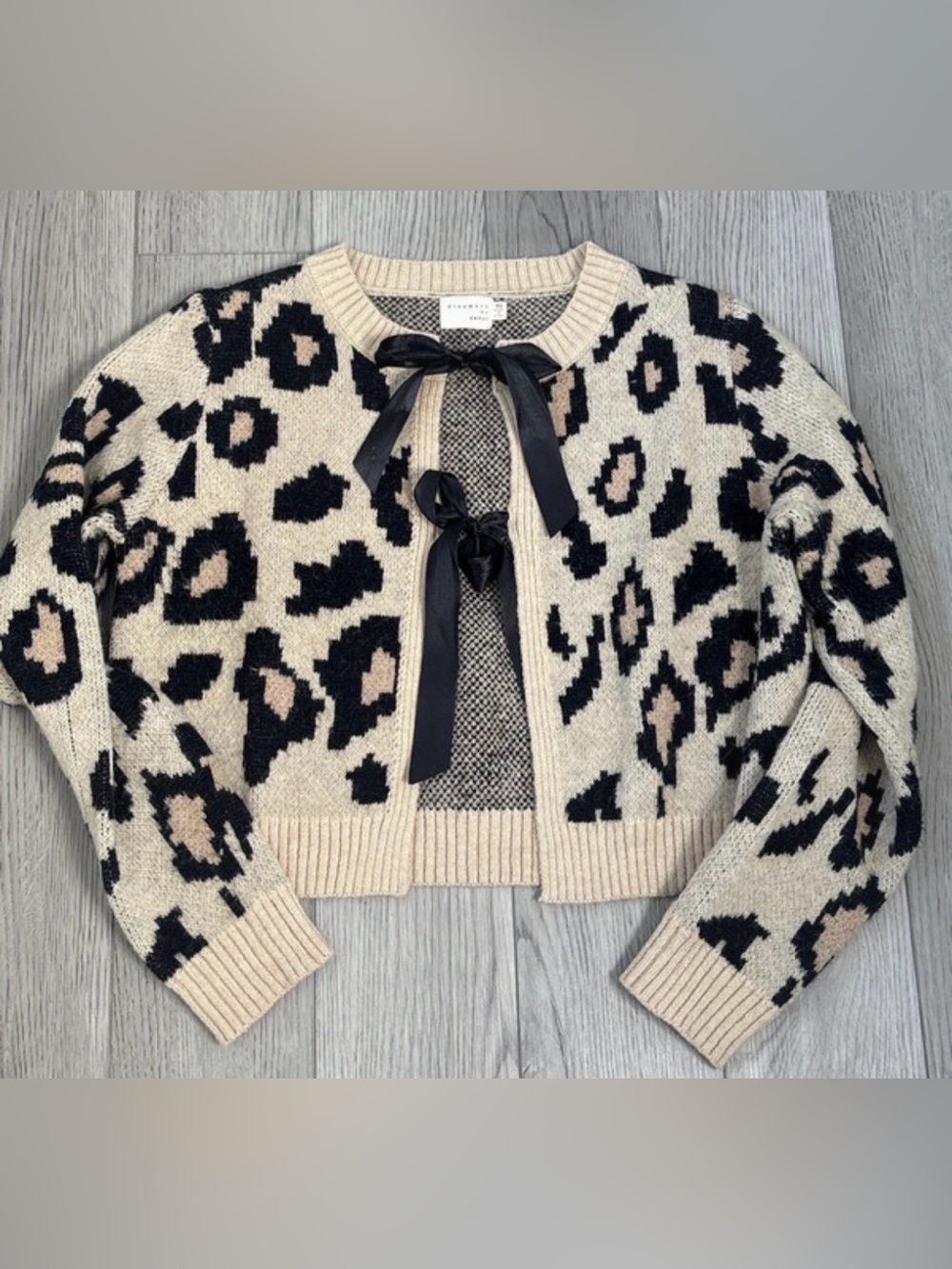 Leopard-Print Ribbon Tie Cardigan in Black and Beige